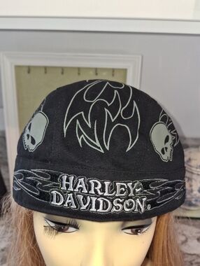 Y2K Harley-Davidson Black Do-Rag with White Skull & Flame Graphics